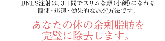BNLS注射は、3日間でスリムな顔(小顔)になれる
簡便・迅速・効果的な施術方法です。
あなたの体の余剰脂肪を完璧に除去します。 BNLS注射は、3日間でスリムな顔(小顔)になれる
簡便・迅速・効果的な施術方法です。
あなたの体の余剰脂肪を完璧に除去します。